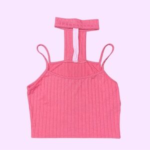 Pink Ribbed Halter Crop Top with Choker